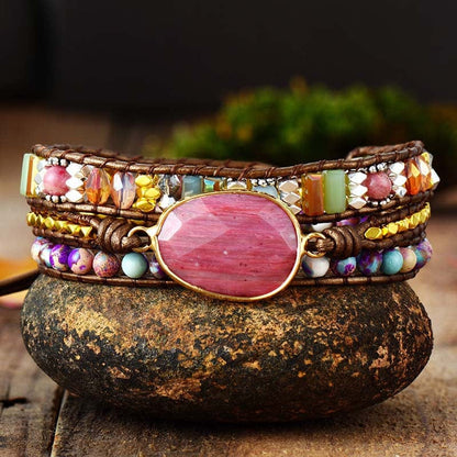 Handcrafted Braided Beaded Bracelet with Natural Red Vein Stones