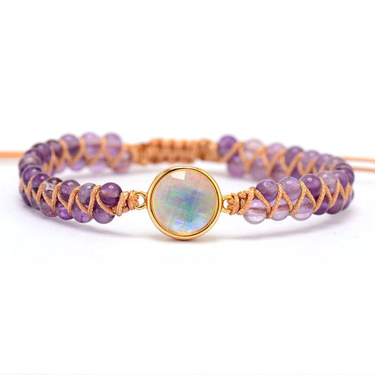 Doppellagiges geflochtenes Armband aus violettem Kristall und Opal